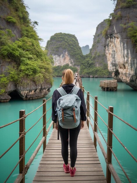 a woman with a backpack walking across a bridge