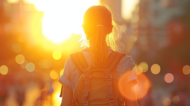 Photo woman with backpack walking down street at sunset with sun in background peaceful evening stroll in urban setting