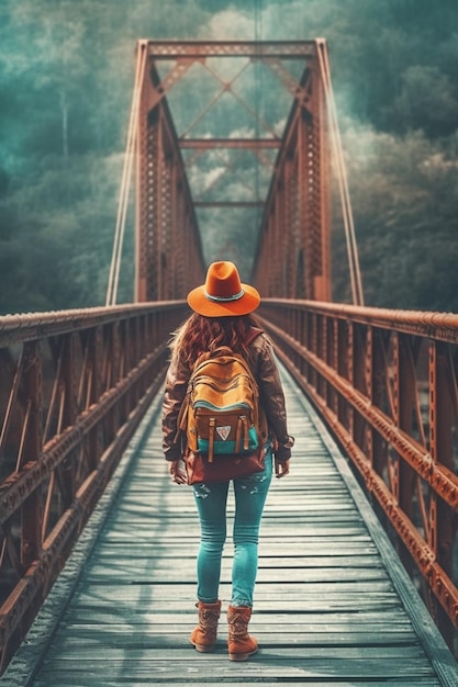 A woman with a backpack walks on a bridge in the mountains.