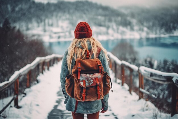 A woman with a backpack walks down a snowy path, wearing a red hat and a red beanie.