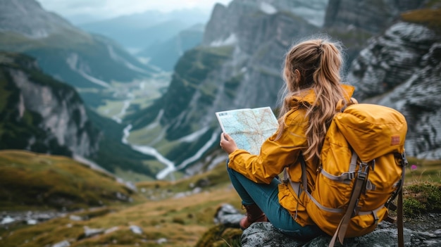 A woman with a backpack and yellow jacket looking at map ai