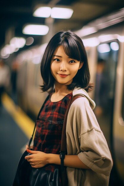 a woman with a bag on her shoulder