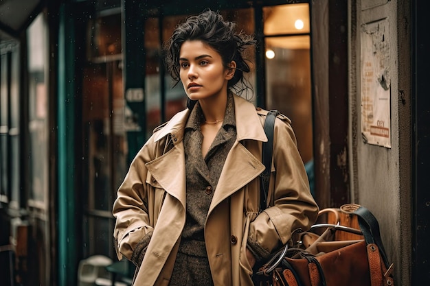 A woman with a bag standing outside of a building Generative Ai