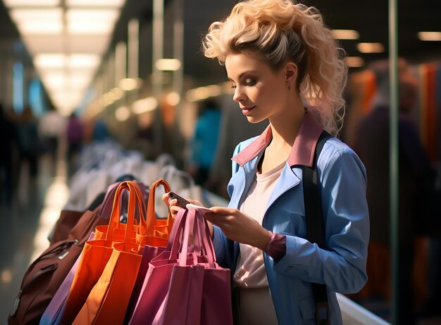 a woman with a bag that says shopping on the phone