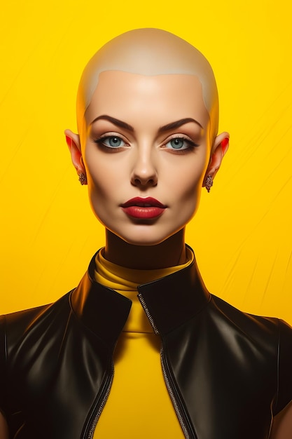 Woman with bald head and black leather jacket on Generative AI