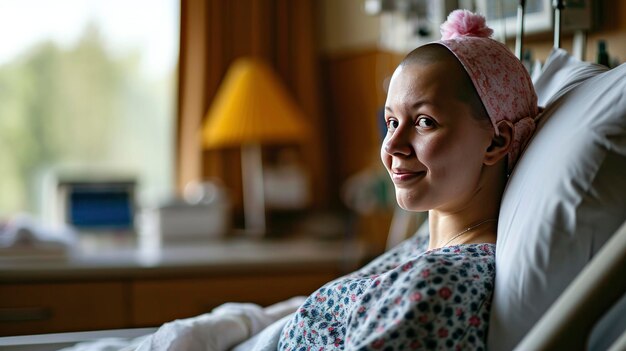 Photo woman with a bald head in a hospital bed world cancer day concept