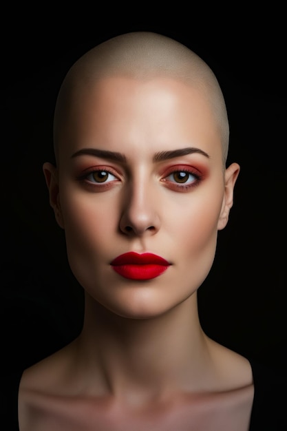 Woman with bald head and red lipstick on her face Generative AI