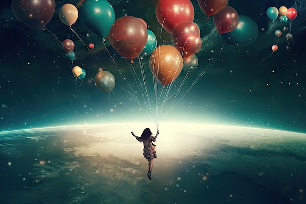 Photo a woman with balloons in the sky above her head.