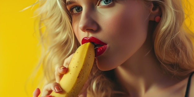 Foto donna con una banana in bocca