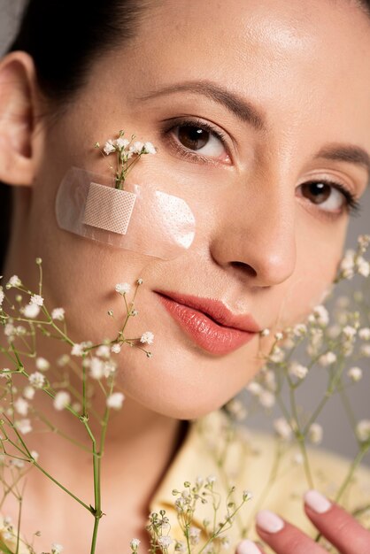 Woman with band aid flower on face