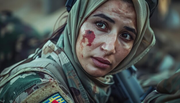 A woman with a bandaged face and a gun in her hand