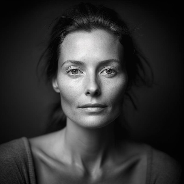 A woman with a bare face is looking at the camera.