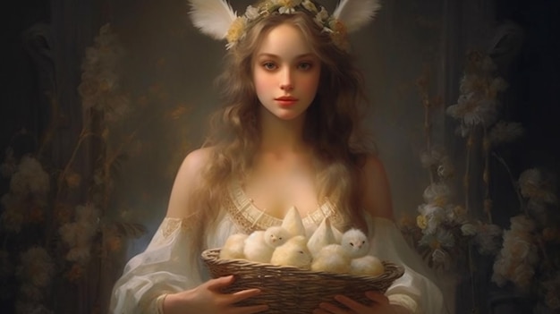 卵の入ったかごを手に持った女性が、卵の束が入ったかごを持っています。