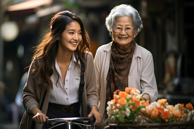 A woman with a basket of flowers and a woman with an older woman on a bicycle