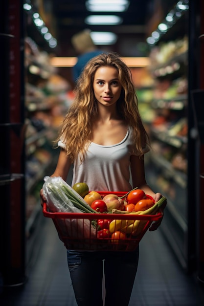 Foto donna con un cesto di cibo nel supermercato o nel negozio di alimentari