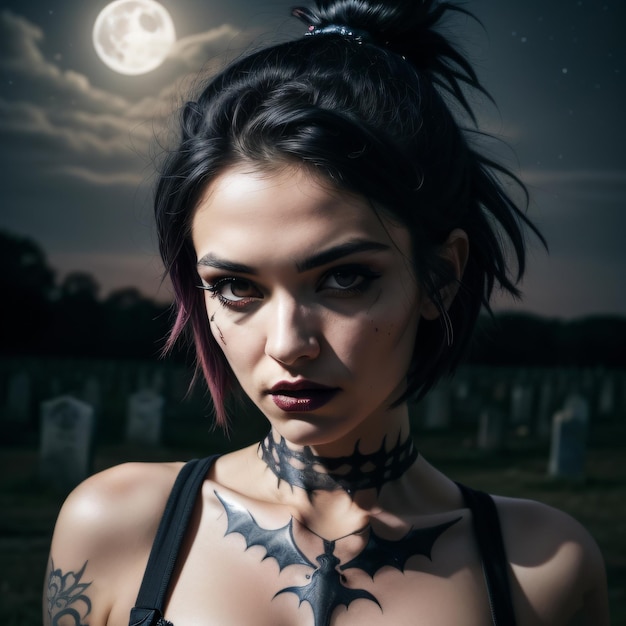 Photo a woman with a bat tattoo on her chest and neck is looking at the camera