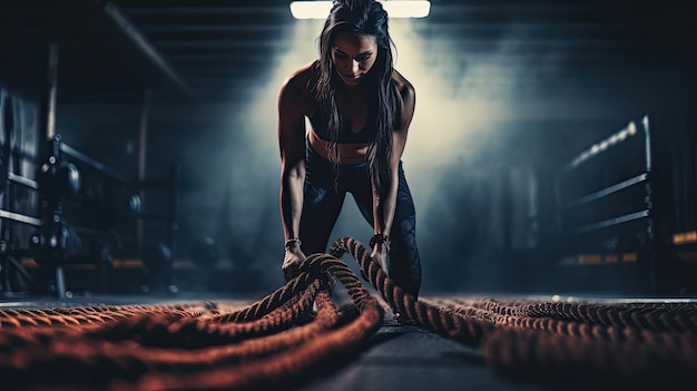 Woman with battle rope battle ropes exercise in the fitness gym gym sport rope training athlete work