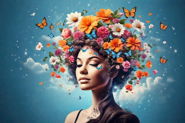머리에 아름다운 꽃과 나비를 가진 여자