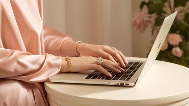 a woman with beautiful manicured nails working on a laptop showing only her hand and laptop