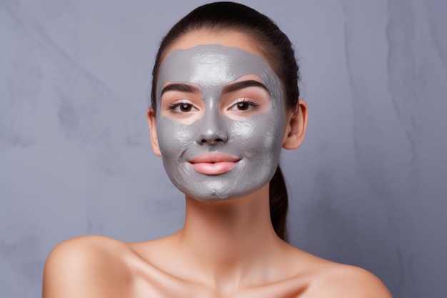 Woman with beauty face mask on solid background