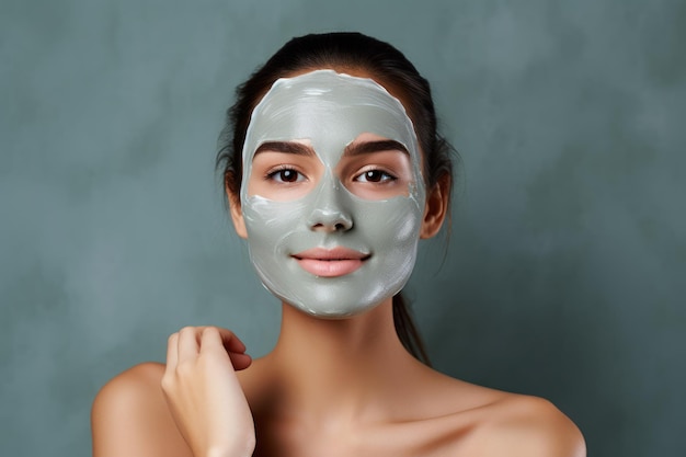 Woman with beauty face mask on solid background