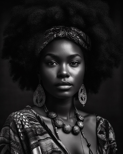 A woman with a big afro hair and a dress