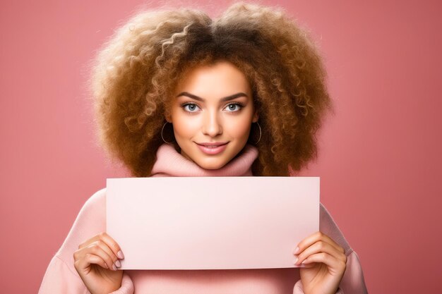 Woman with big afro holding sign in front of her face Generative AI