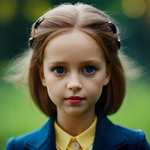 A woman with big blue eyes and a yellow jacket