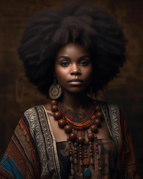 A woman with big hair and a necklace that says'black woman '