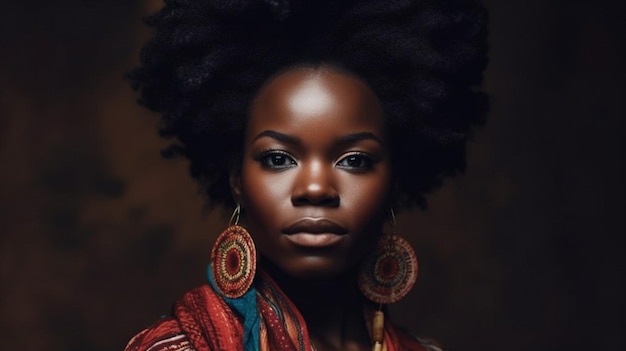 A woman with big, round, black hair stands in front of a brown background.