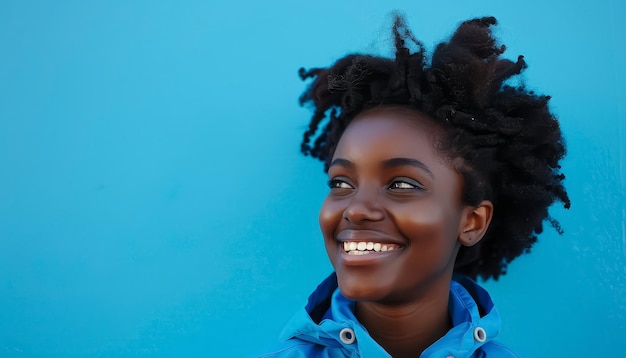 A woman with a big smile on her face is looking up at the camera