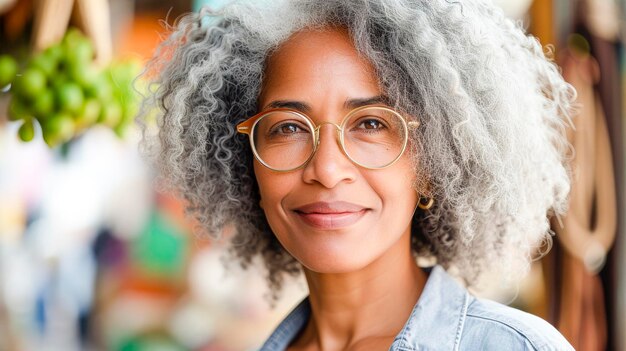 Foto una donna con un grande sorriso si trova di fronte a uno stand di frutta e verdura