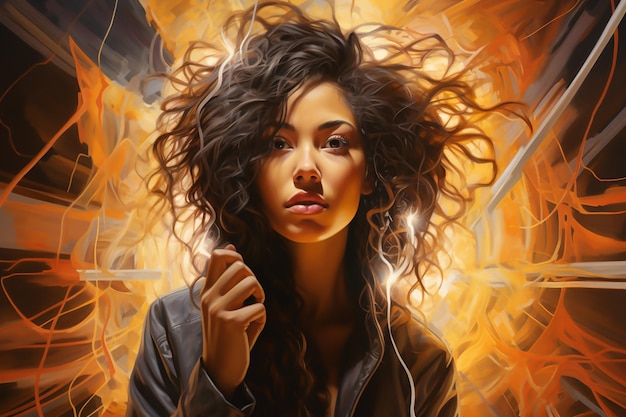 Woman with billowing hair in dynamic orange light