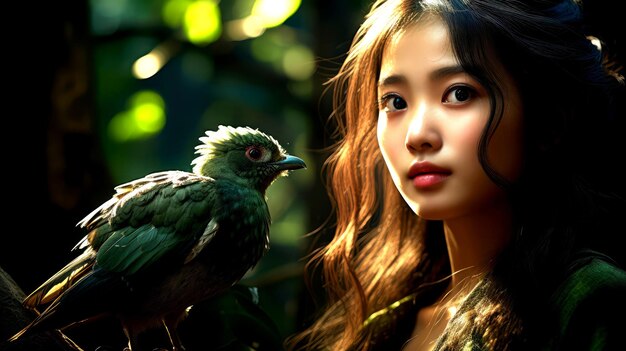 Photo woman with bird in forest