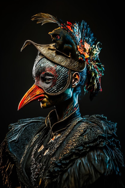 A woman with a bird mask on her head