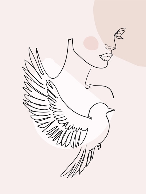 woman with bird portrait minimalistic style line art vector illustration