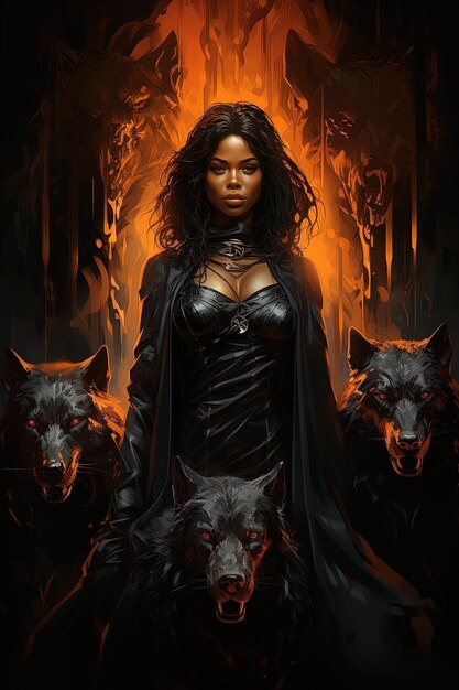 женщина в черном плаще стоит перед огнем