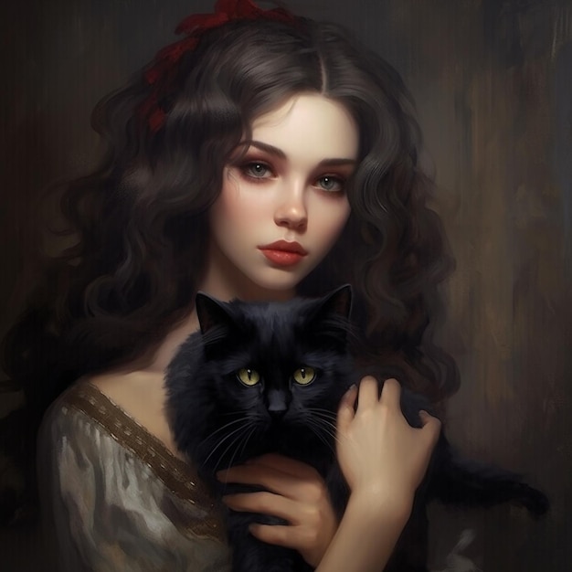 a woman with a black cat and a red bow in her hair.