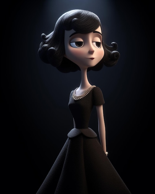 A woman with a black dress and pearl necklace is standing in a dark room.