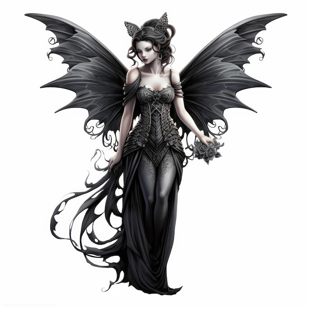 Photo a woman with a black dress and a winged angel on her back.