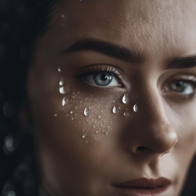 顔の近くの壁紙に水滴で覆われた黒い目を持つ女性