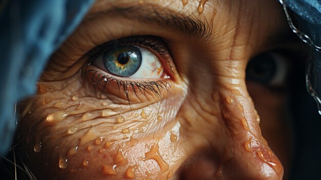 A woman with a black eye covered with drops of water on her facegenerative ai