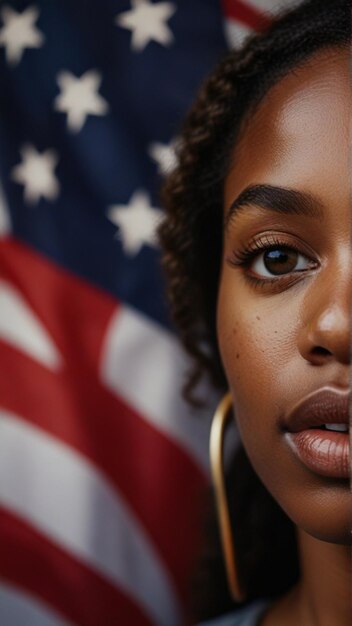 a woman with a black eye and a flag behind her