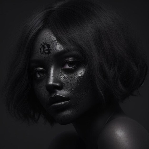 Foto una donna con una faccia nera e uno sfondo nero con un cerchio sul viso