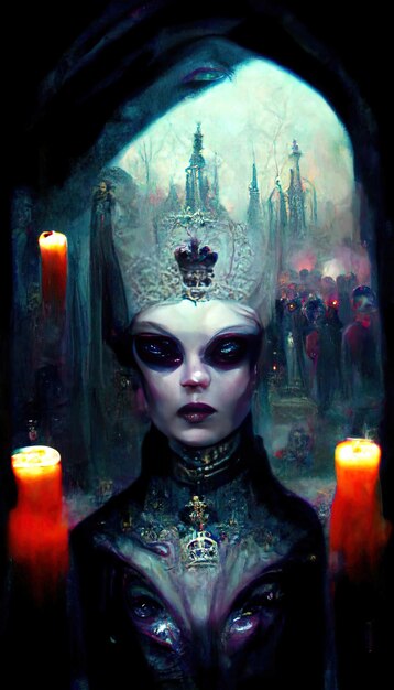 женщина с черным лицом и белой короной на голове держит зажженную свечу