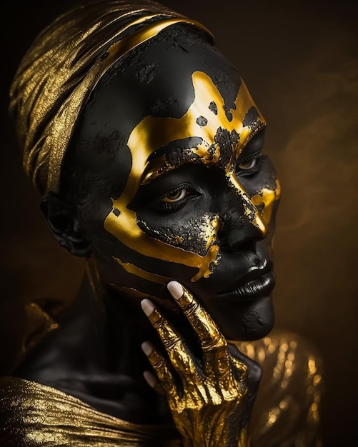 A woman with black and gold face paint and gold paint