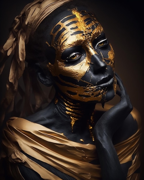 A woman with black and gold painted face and black and gold paint