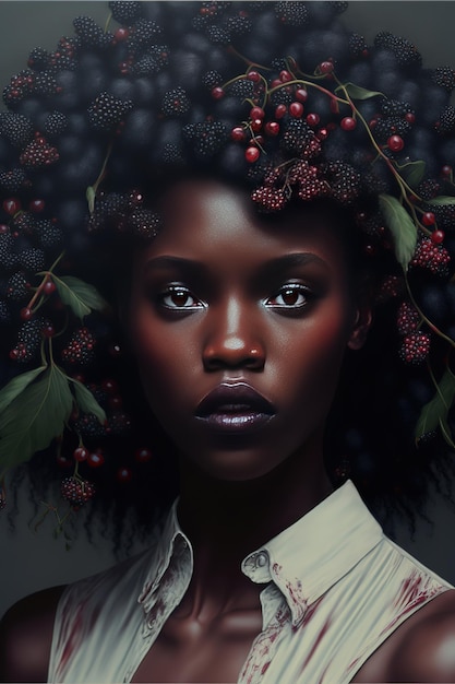 A woman with a black hair and berries on her head