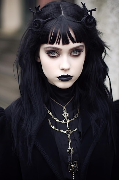 a woman with black hair and black lips