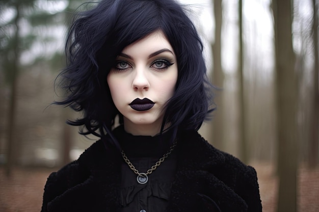 a woman with black hair and black lipstick